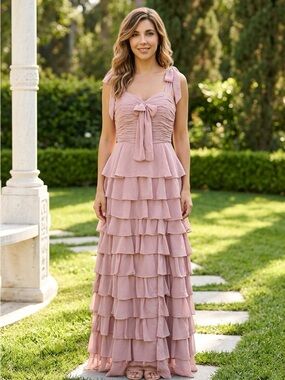 Dusty Pink Tiered Ruffle Maxi Dress with Bow Detail